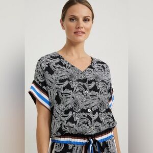 Joseph Ribkoff Black White Paisley Blouse with Striped Blue Brown Trim Tie 12